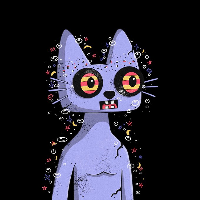 A stylized illustration of a blue cat with wide red-and-yellow eyes, surrounded by stars, moons, and cosmic particles on a black background, evoking a surreal, meme-like NFT aesthetic that aligns with the post's hype about the "Cets" coin on the BSC network being a rare and powerful digital asset.