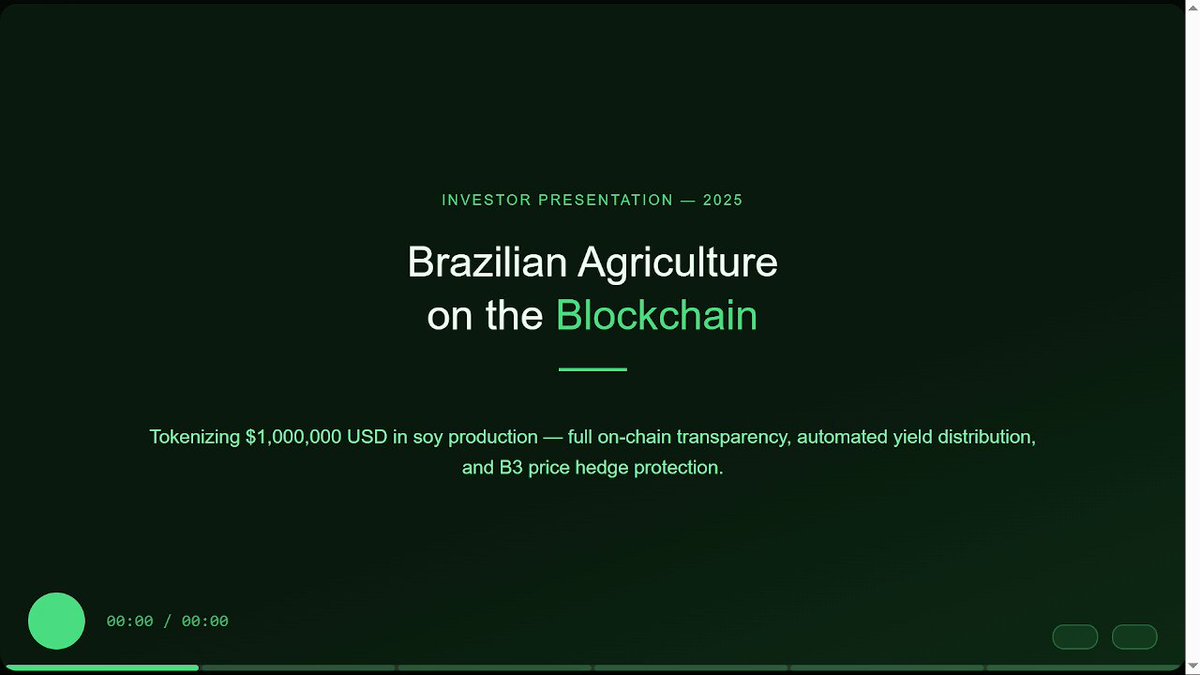 This presentation includes a slide with an infographic about Brazilian farming, including details of tokenizing $1,000,000 worth of soy production and the projected yield in 27 months at an expected internal rate of return of 25%. The infographic also highlights the automation of yield management for buyers who invest $3.30 per token on @Cardano_CF.