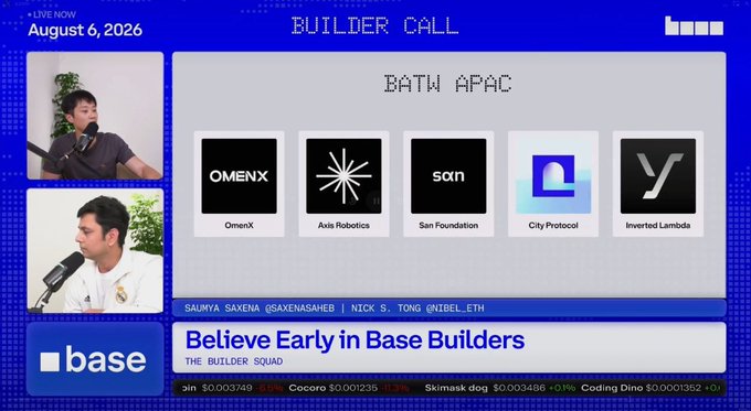 A YouTube live stream titled "Builder Call" featuring the hosts Saumya Saxena and Nick S. Tong @nibel_eth, displaying a "BATH APAC" lineup of crypto projects including OmenX, Axis Robotics, San Foundation, City Protocol, and Inverted Lambda.