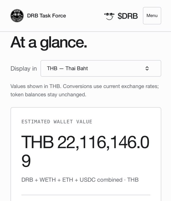 A screenshot of the DRB Task Force 'At a glance' dashboard displays an estimated wallet value of THB 22,116,146.09 combining DRB + WETH + ETH + USDC, with a $DRB token logo.