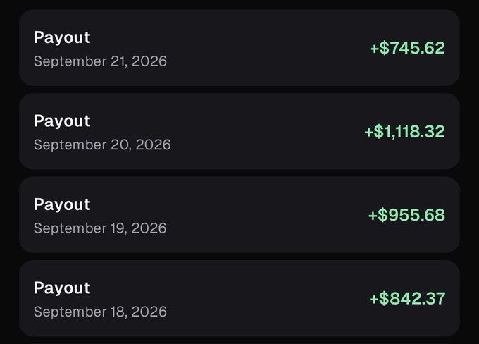 A list of four Payout entries dated September 18-21, 2026, with amounts ranging from +$745.62 to +$1,118.32 shown in green text.