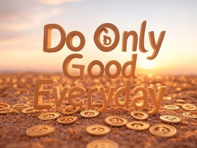 Golden 3D text reading "Do Only Good Everyday" rises from a sandy surface scattered with Dogecoin tokens, set against a warm sunset sky. The motivational phrase directly embodies the Dogecoin community's guiding mantra, reinforcing the post's message that Dogecoin's true value lies in its charitable, positive movement rather than its market price.