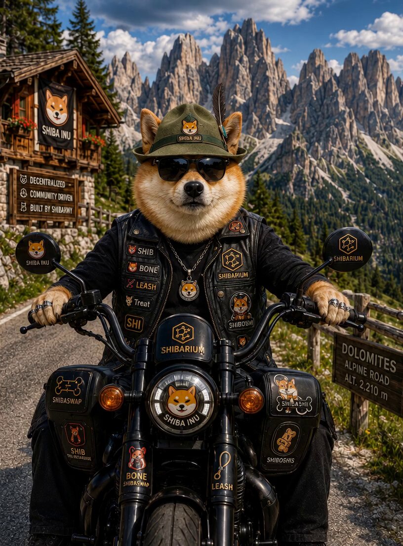 The image features a Shiba Inu dog wearing sunglasses, riding a motorcycle with various stickers on its side. The dog appears to be posing for the photo while sitting on the back of the motorcycle. The background shows mountains under a blue sky, adding to the overall atmosphere and setting of the scene.