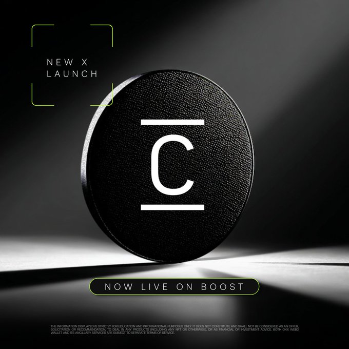 A sleek black circular coin featuring a stylized "C" logo is displayed against a dark background, with green accents reading "NEW X LAUNCH" and "NOW LIVE ON BOOST," promoting the listing of ConcreteXYZ ($CT) on the OKX Web3 Boost platform as detailed in the accompanying post.