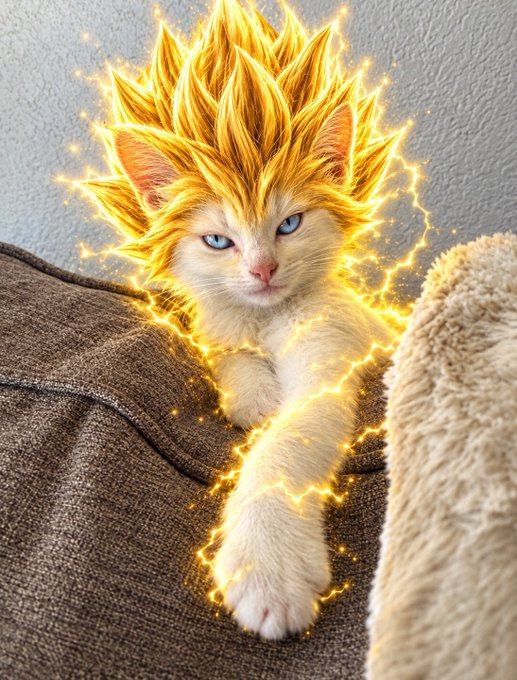 A digital artwork of an orange and white kitten styled to look like the anime character Goku in Super Saiyan form, with glowing yellow spiky hair and electricity effects.