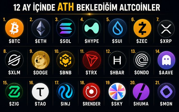 A graphic titled "12 AY İÇİNDE ATH BEKLEDİĞİM ALTCOİNLER" displays 21 numbered cryptocurrency logos with their tickers ($BTC, $ETH, $SOL, $HYPE, $SUI, $ZEC, $XRP, $XLM, $DOGE, $BNB, $TRX, $HBAR, $ONDO, $AAVE, $ZIG, $TAO, $INJ, $RENDER, $SKY, $HUMA, $MON), illustrating the altcoins predicted to reach all-time highs within the 2026-2027 cycle.