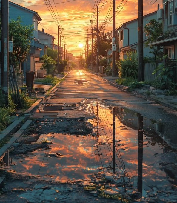 The image shows an empty street with puddles, reflecting the warm hues of a sunset sky. The sun appears to be setting behind some houses, casting a beautiful glow over the scene. In the background, there are trees that add to the serene atmosphere. The photo is captioned "GN CT Most AI systems remain reactive. @TheARCTERMINAL is exploring a model where intelligent agents operate continuously across on-chain environments". This means that the image captures a moment in time when the intelligent agent system is actively engaged and making decisions within its environment, such as navigating through puddles or reacting to changes in the street conditions.