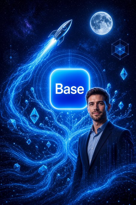 A stylized cosmic-themed graphic featuring a man in a suit standing in front of the Base (cryptocurrency) logo, surrounded by a rocket ship, moon, and blue energy streams.