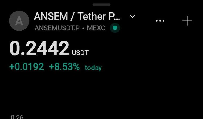A cryptocurrency trading app shows ANSEM/USDT (ANSEMUSDT.P) on MEXC priced at 0.2442 USDT, up +0.0192 (+8.53%) for the day, supporting the post's bullish hype around the $ANSEM ticker.