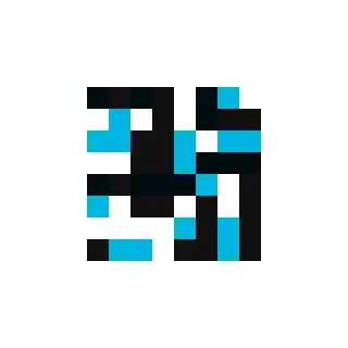 A pixelated, abstract figure composed of black, white, and blue squares against a white background.
