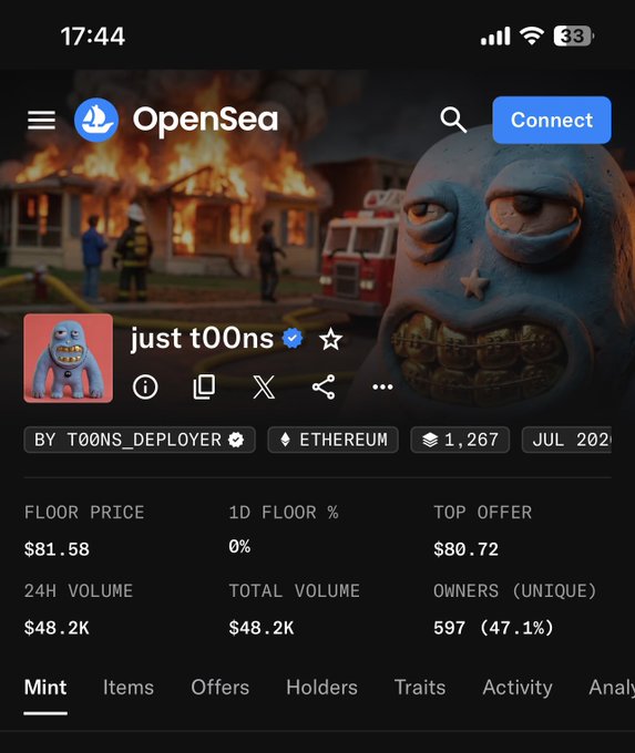 An OpenSea mobile screenshot displaying the 'just t00ns' NFT collection on Ethereum with a floor price of $81.58, 24H volume of $48.2K, and 597 unique owners.