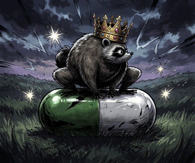 A crowned raccoon sits atop a green-and-white pill capsule like a throne, set against a dark, starry horizon—fittingly portraying "Jimothy" as the regal "King of @Pumpfun" in a whimsical, meme-style illustration.
