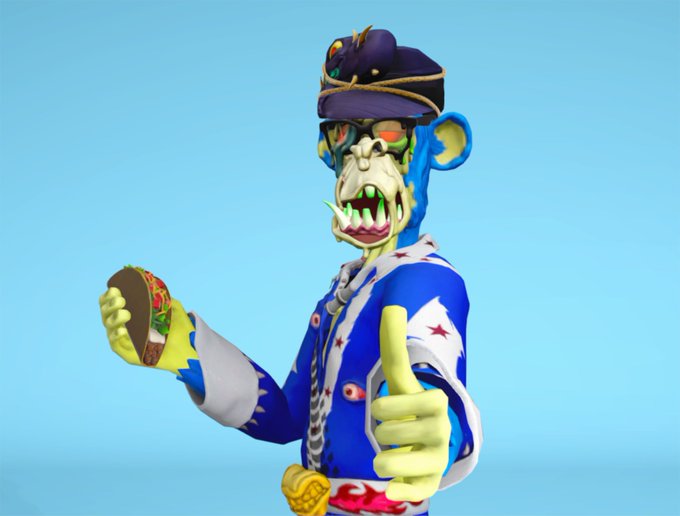 A 3D animated zombie-like character wearing a blue uniform jacket and purple military cap gives a thumbs-up while holding a hamburger against a light blue background.