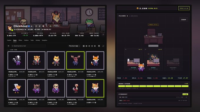 A screenshot of the ClickHood NFT collection interface showing pixel-art duck characters in suits with their ETH prices, alongside a floor sweeping tool interface on the right side.