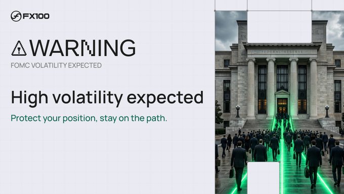 FX100 warning banner titled 'WARNING: FOMC VOLATILITY EXPECTED' stating 'High volatility expected - Protect your position, stay on the path,' alongside an image of the Federal Reserve building with businessmen.