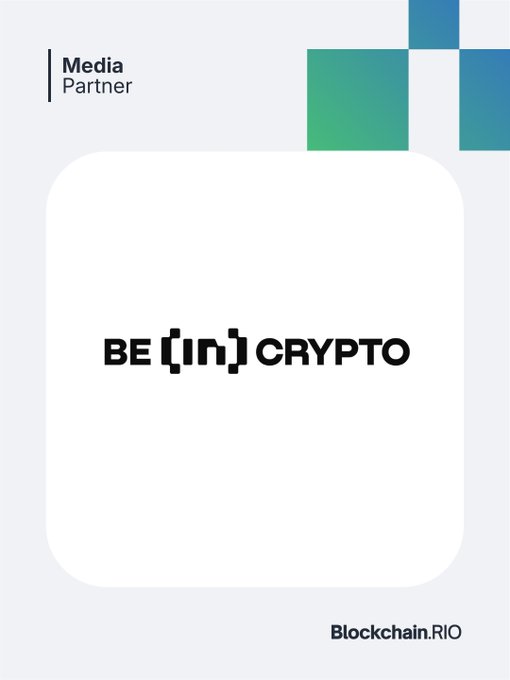 A promotional graphic for 'BE {IN} CRYPTO' labeled as a 'Media Partner' by Blockchain.RIO, featuring a minimalist design with green and blue squares.