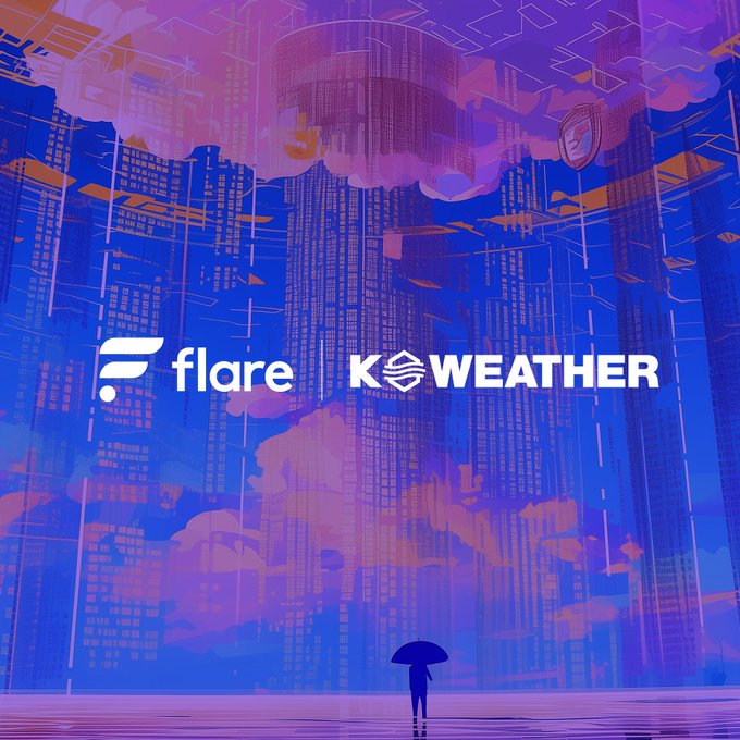 The image features a stylized illustration of a lone figure with an umbrella standing before a towering, surreal cityscape bathed in purple and pink hues, overlaid with the logos "Flare" and "K Weather" to announce their LOI partnership for bringing verified weather data on-chain through Flare's Time Series Oracle.