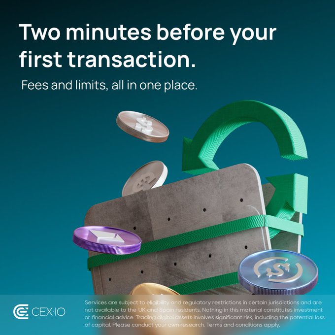 A CEX.IO advertisement promoting their fees and limits page features a teal background with a concrete block wrapped by a green ribbon forming a loop, surrounded by floating cryptocurrency coins (Bitcoin and Litecoin), with the headline "Two minutes before your first transaction. Fees and limits, all in one place."

The image visually reinforces the post's message by symbolizing how fees and limits "wrap around" every transaction, emphasizing that taking two minutes to understand these details—rather than skipping past them—helps users make informed choices suited to their payment method, crypto type, and account maturity.