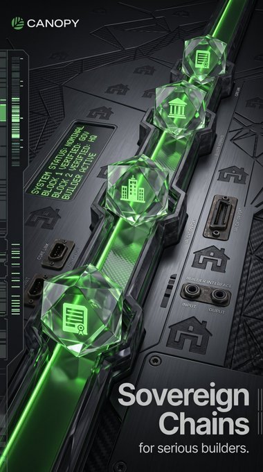A promotional graphic for Canopy's 'Sovereign Chains for serious builders' featuring green glowing gem-like icons along a futuristic dark metallic surface.