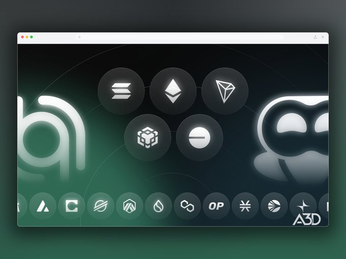 A dark-themed crypto/tech dashboard featuring prominent logos for Hedera (hbar), Ethereum, and Solana, along with various cryptocurrency icons at the bottom.