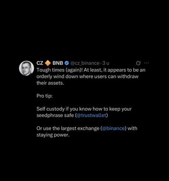 A tweet from CZ (Changpeng Zhao) of Binance (@cz_binance) posted 3 hours ago reads: "Tough times (again)! At least, it appears to be an orderly wind down where users can withdraw their assets. Pro tip: Self custody if you know how to keep your seedphrase safe (@trustwallet). Or use the largest exchange (@binance) with staying power." The image directly supports the caption by showing CZ's original advice to users following BitMart's shutdown, promoting self-custody or using Binance.