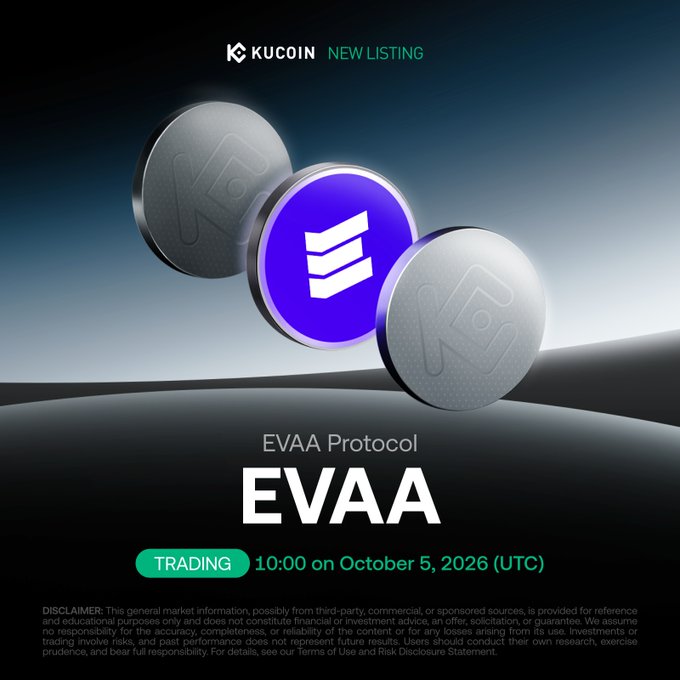 A KuCoin promotional graphic announcing the new listing of EVAA Protocol (EVAA), with trading scheduled for 10:00 on October 5, 2026 (UTC).