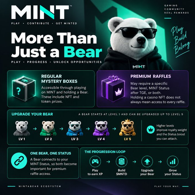 An infographic for 'MINT' titled 'More Than Just a Bear' explains the Mintabear ecosystem, featuring sections for 'Regular Mystery Boxes', 'Premium Raffles', 'Upgrade Your Bear' (Levels 1-5), and 'The Progression Loop'.