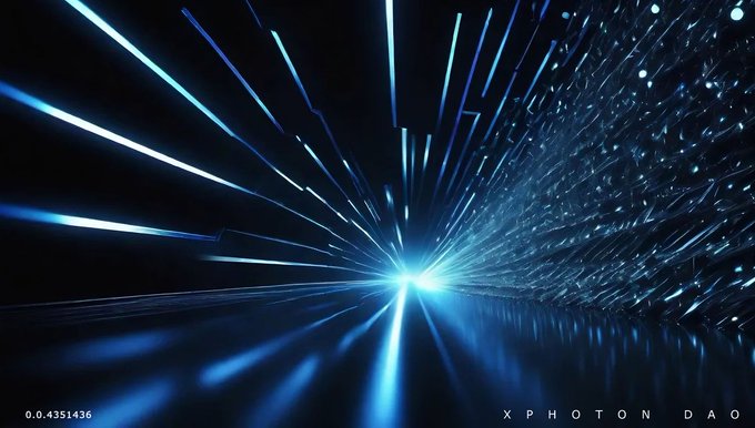 An abstract digital artwork features bright blue light streaks radiating from a central glowing point against a dark background, with '0.0.4351436' and 'XPHOTON DAO' text in the corners.