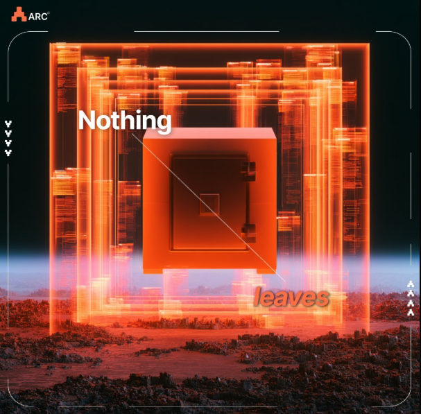 A futuristic red graphic design featuring a 3D cube structure with the text 'Nothing' and 'leaves' displayed, branded with the 'ARC' logo.
