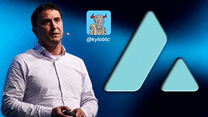 A man giving a presentation stands next to a large Avalanche (AVAX) logo, with an icon and handle "@kylobtc" displayed between them.