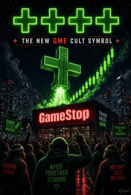 A meme-style promotional image featuring glowing green crosses, a GameStop storefront, a stock chart, and a crowd of protesters holding signs reading 'GME TO THE MOON', 'TOGETHER WE DIAMOND', 'DIAMOND HANDS', 'APES TOGETHER STRONG', and 'WE DON'T SELL WE HOLD' under the header '++++ THE NEW GME CULT SYMBOL ++++'.