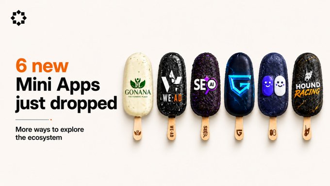 A promotional graphic for "6 new Mini Apps just dropped", displaying six different ice cream bars on wooden sticks, each branded with logos including "GONANA", "WEAD", "SEI", "G", "TON", and "HOUND RACING".