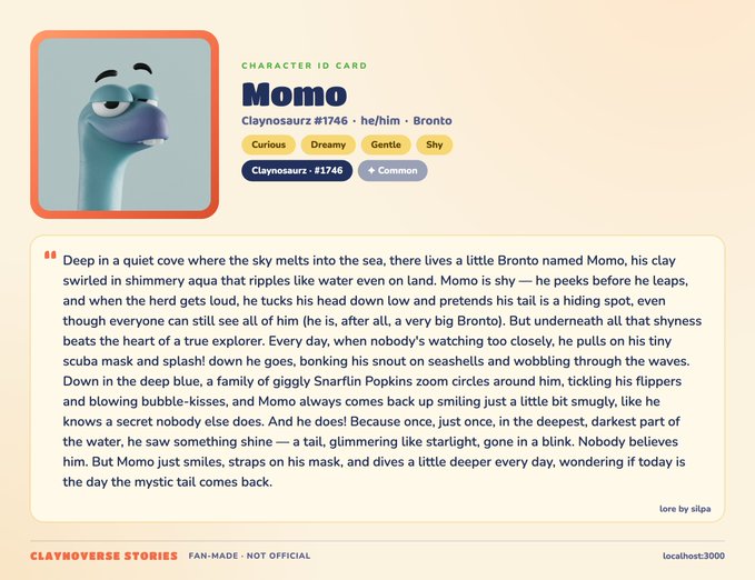 A character ID card for 'Momo,' a Claynosaurz #1746 described as 'he/him · Bronto' with traits 'Curious,' 'Dreamy,' 'Gentle,' 'Shy,' accompanied by a detailed lore story.