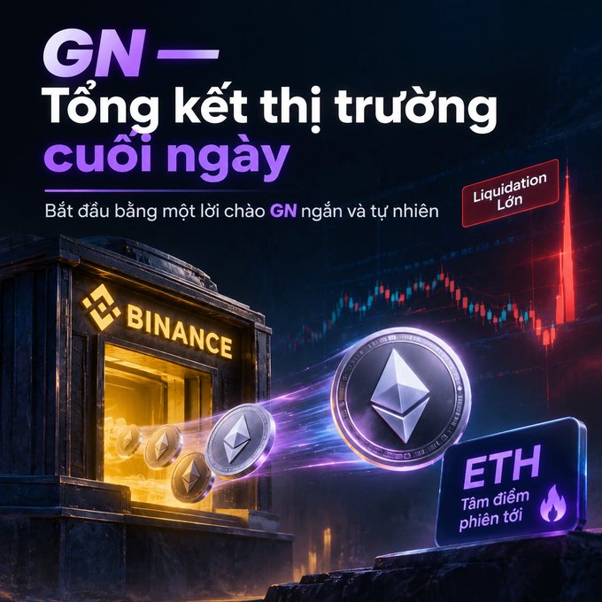 A cryptocurrency market summary graphic with text 'GN – Tổng kết thị trường cuối ngày' and 'Bắt đầu bằng một lời chào GN ngắn và tự nhiên', featuring Binance branding, ETH coin, 'Liquidation Lớn' label, and 'ETH Tâm điểm phiên tôi' text.