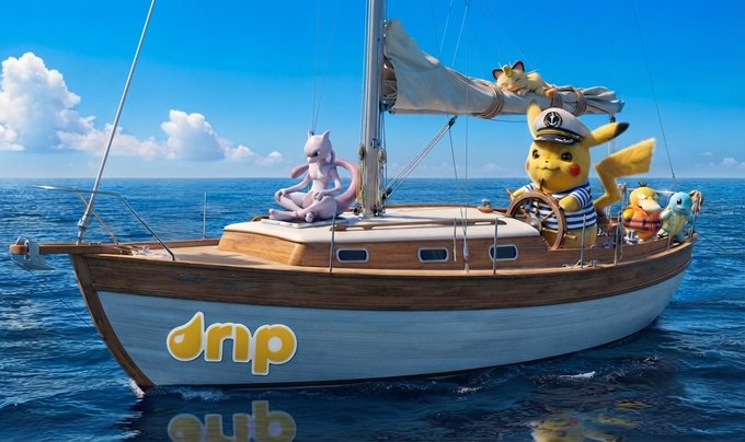 A whimsical scene of Pokémon characters including Pikachu in a sailor outfit, Mewtwo, Meowth, and Squirtle aboard a wooden sailboat on the ocean, with 'dnp' displayed in yellow on the boat's hull.