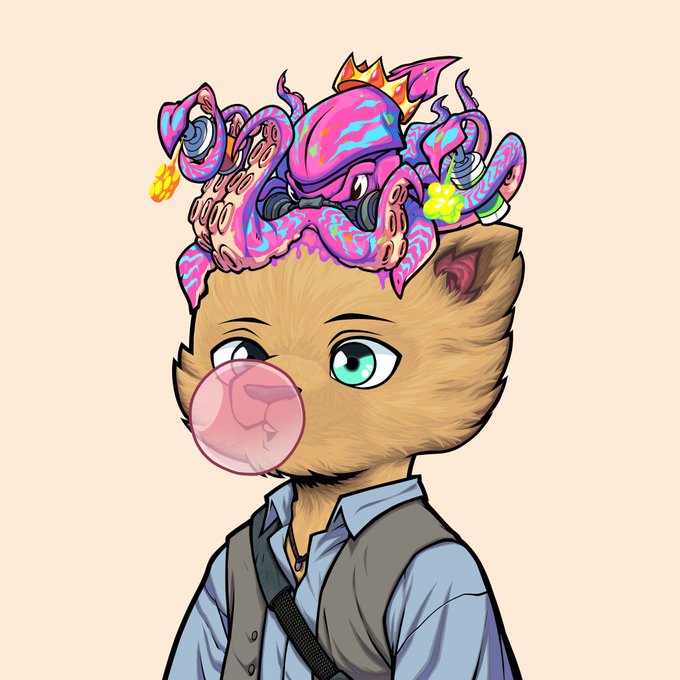Cartoon-style NFT art of a cat-like creature blowing a pink bubblegum bubble, wearing a vest and tie, with a chaotic pink/purple crown of tentacles and smaller creatures on its head.
