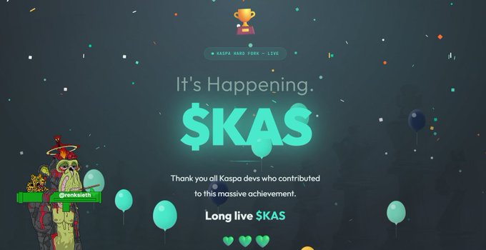 A Kaspa hard fork celebration graphic reading 'KASPA HARD FORK - LIVE', 'It's Happening.', and '$KAS', thanking Kaspa devs with a trophy icon and cartoon mascots.