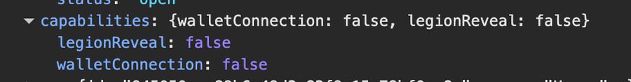A close-up of code showing a `capabilities` object with `walletConnection: false` and `legionReveal: false` properties set to false.