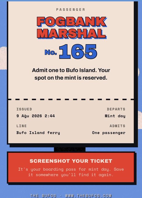 A ticket-style graphic reading "FOGBANK MARSHAL No. 165" issued to "Bufo Island", with issued date "9 Agu 2026 2:44", line "Bufo Island ferry", admits "One passenger", and instructions to screenshot the ticket.