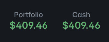 The image displays a comparison between two investment portfolios represented by vertical lines against a black background. The portfolio labeled "Portfolio" has a green line that reads "$40,96.46", indicating that $40,96.46 of its value is in the investment account. The other portfolio, labeled "CASH", also shows a green line with the same value, $40,96.46. Both lines cross at a common point on the black background, signifying equal proportions in each portfolio's allocation to cash and stock values.