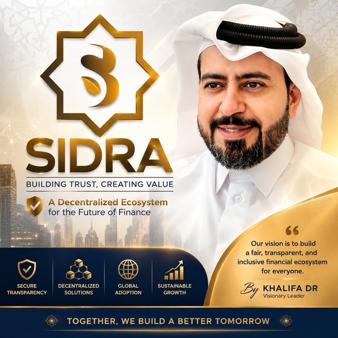 A promotional advertisement for 'SIDRA,' described as 'A Decentralized Ecosystem for the Future of Finance,' features a portrait of a man in traditional Arab dress and is signed by 'KHALIFA DR' under the tagline 'TOGETHER, WE BUILD A BETTER TOMORROW.'