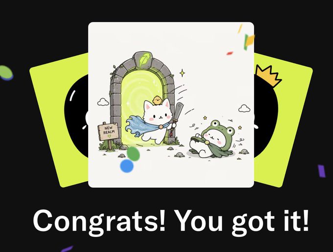A 'Congrats! You got it!' achievement screen featuring a cartoon white cat in a blue cape wielding a sword, defeating a green creature near a glowing portal.