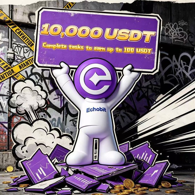 A vibrant promotional graphic from Echobit features a purple and white mascot with arms raised triumphantly, holding a sign reading "10,000 USDT - Complete tasks to earn up to 100 USDT," standing on a pile of charts and coins amid a graffiti-covered urban backdrop with "CAUTION" tape. The image directly visualizes the trading frenzy announcement, highlighting the 10,000 USDT prize pool and the up to 100 USDT reward potential for completing missions on the newly listed spot pairs ($RE, $NES, $CAP, $PYTH).