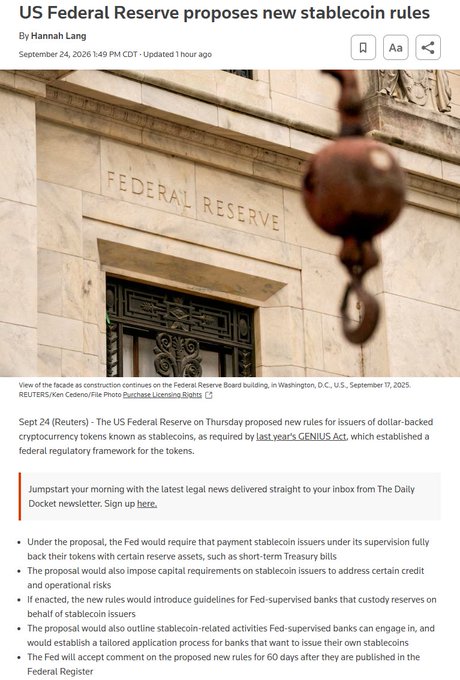 A Reuters news article titled 'US Federal Reserve proposes new stablecoin rules' by Hannah Lang, dated September 24, 2026, showing a photo of the Federal Reserve building's facade and bullet points outlining proposed regulations for stablecoin issuers.