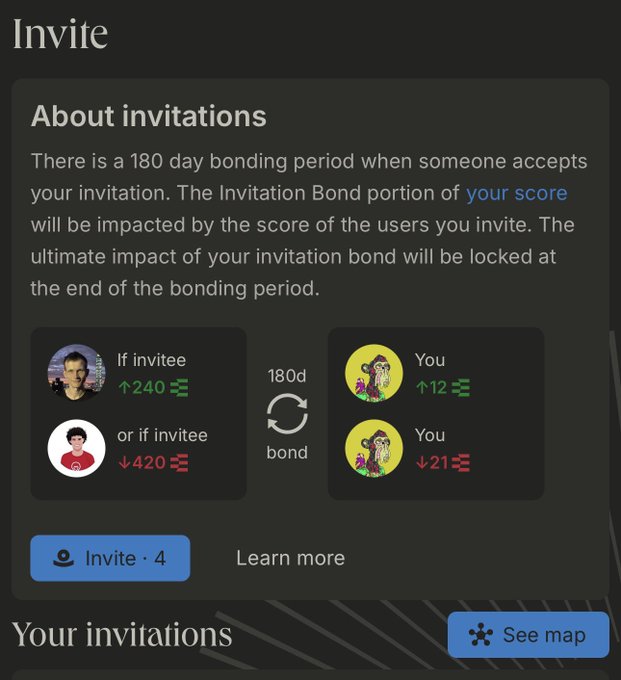 An 'Invite' screen shows a 180-day bonding period with score changes like '↑240', '↓420', '↑12', and '↓21' for invitees and you, along with an 'Invite · 4' button.