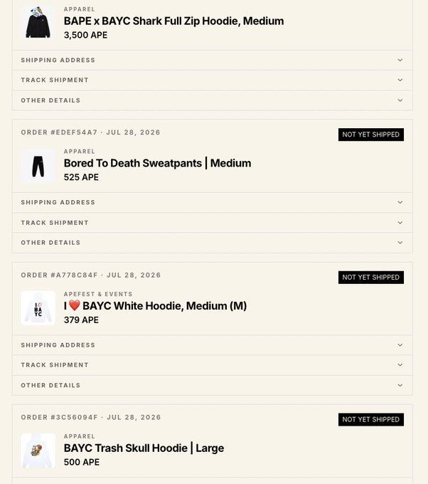 An order history page showing multiple BAYC (Bored Ape Yacht Club) apparel orders including a Shark Full Zip Hoodie, Bored To Death Sweatpants, BAYC White Hoodie, and Trash Skull Hoodie, all marked 'NOT YET SHIPPED' from July 28, 2026.