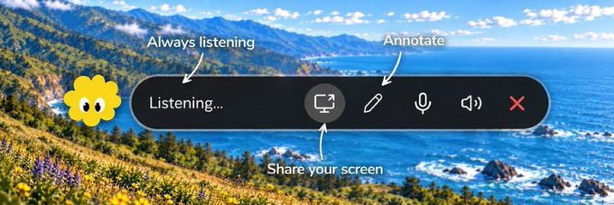 A screenshot of a desktop interface showing a voice/AI assistant overlay on a scenic coastal landscape wallpaper, with a flower-shaped assistant icon and a toolbar featuring "Listening..." status, "Share your screen," "Annotate," and microphone controls.