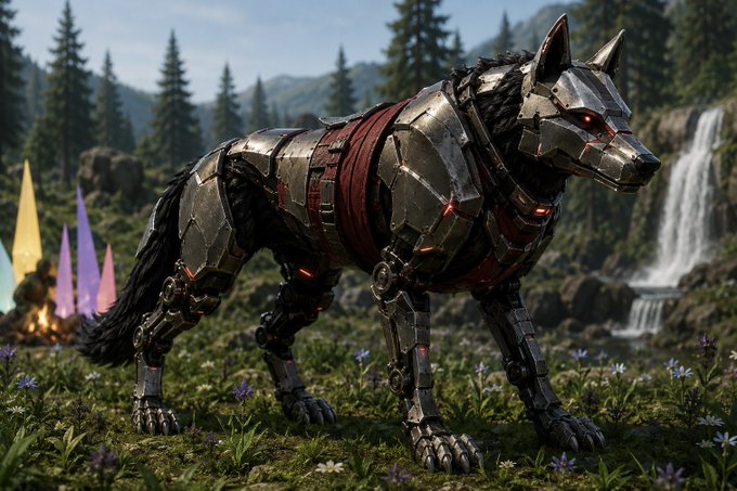 A robotic wolf with metallic armor plating and red glowing eyes stands in a forest clearing with a waterfall and campsite visible in the background.