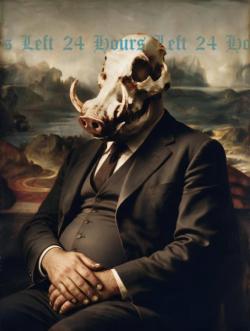 A surreal portrait of a portly figure in a dark three-piece suit with a skeletal, pig-like skull for a head, with text at the top reading '3 Left 24 Hours Left 24 Ho'.