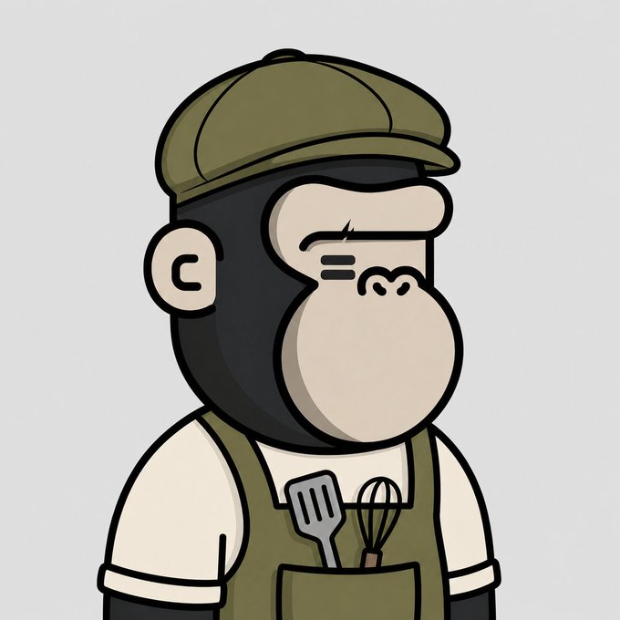 The image features a cartoon depiction of an anthropomorphic gorilla wearing a hat, apron, and holding a spatula with a frying pan inside his pocket. The caption "Apes are cooking hard." suggests that the gorilla might be involved in some sort of cooking activity or preparing food for others.